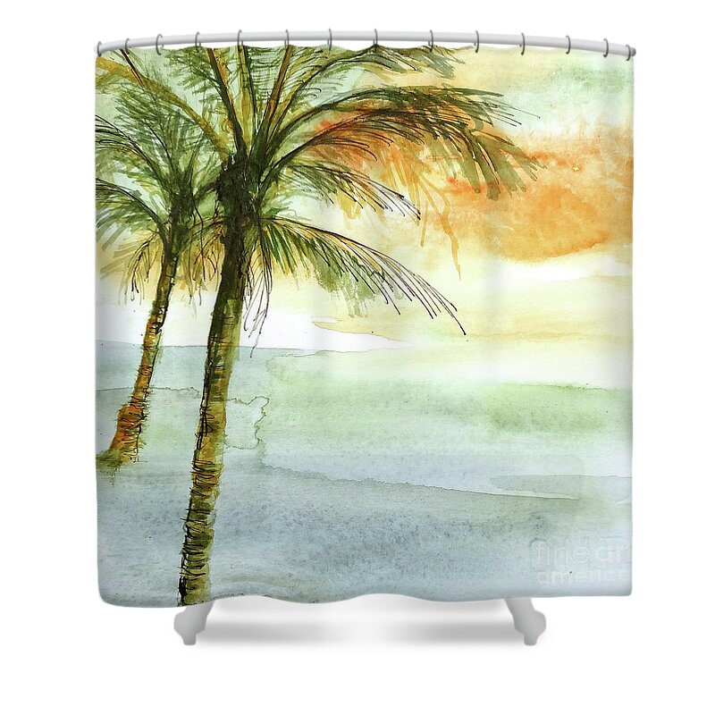 Original Watercolors Shower Curtain featuring the painting Island Sunset II by Chris Paschke