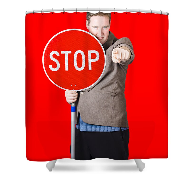 Stop Shower Curtain featuring the photograph Isolated man holding red traffic stop sign by Jorgo Photography