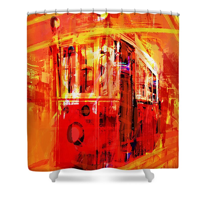 Red Shower Curtain featuring the digital art Istanbul Trolley Car by Jim Vance