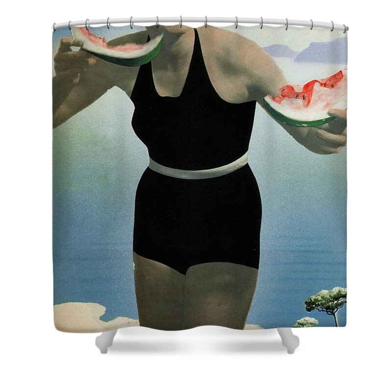 Italia Shower Curtain featuring the painting Italian Girl in a beach in Black Swimwear having watermelon - Vintage Travel Poster by Studio Grafiikka