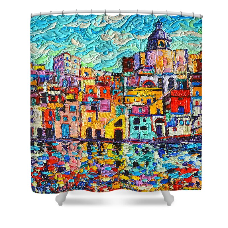 Procida Shower Curtain featuring the painting Italy Procida Island Marina Corricella Naples Bay Palette Knife Oil Painting By Ana Maria Edulescu by Ana Maria Edulescu