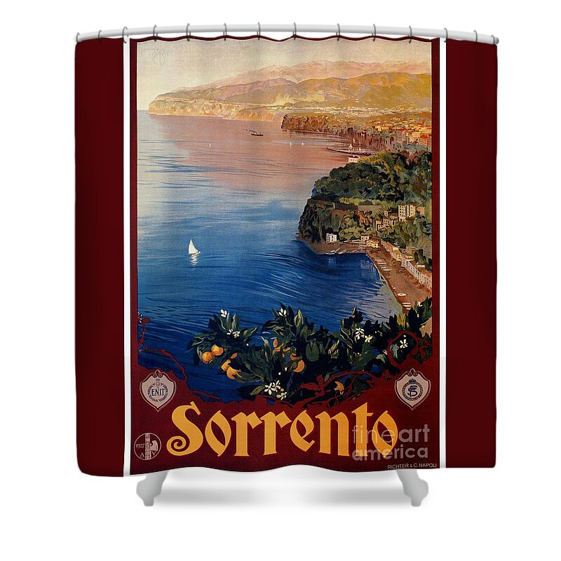 Vintage Shower Curtain featuring the digital art Italy Sorrento Bay of Naples vintage Italian travel advert by Heidi De Leeuw
