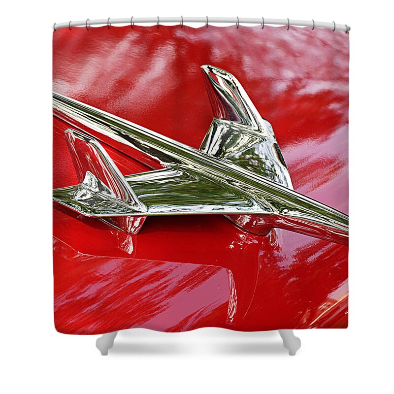 It's A Bird! It's A Plane! Shower Curtain featuring the photograph It's a Bird It's a Plane -- 1955 Chevy Bel Air Hood Ornament at Paso Robles Car Show, California by Darin Volpe