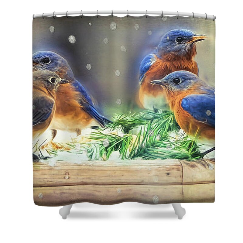 Bluebird Shower Curtain featuring the painting It's A Family Affair by Tina LeCour