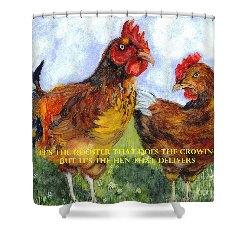 Captioned Shower Curtain featuring the painting It's The Rooster by Carol Wisniewski