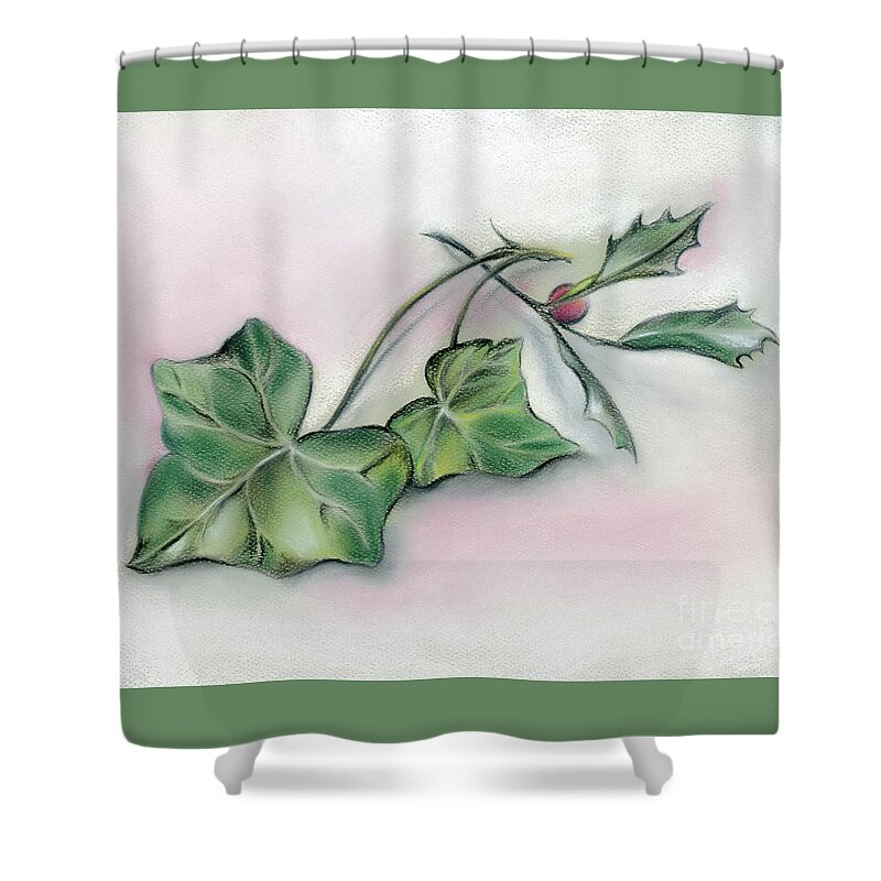 Holly Shower Curtain featuring the pastel Ivy Leaves and Holly by MM Anderson