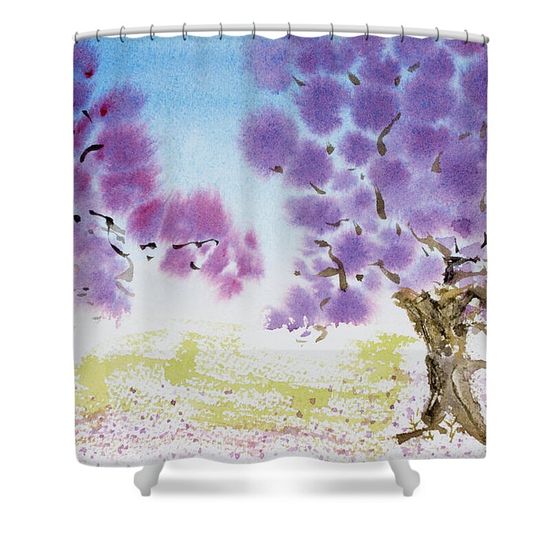 Argentina Shower Curtain featuring the painting Jacaranda trees blooming in Buenos Aires, Argentina by Dorothy Darden