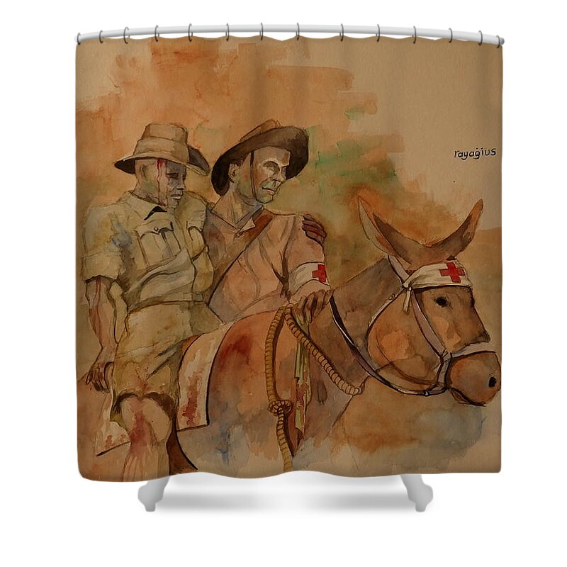 Anzac Shower Curtain featuring the painting Jack Simpson and Duffy by Ray Agius