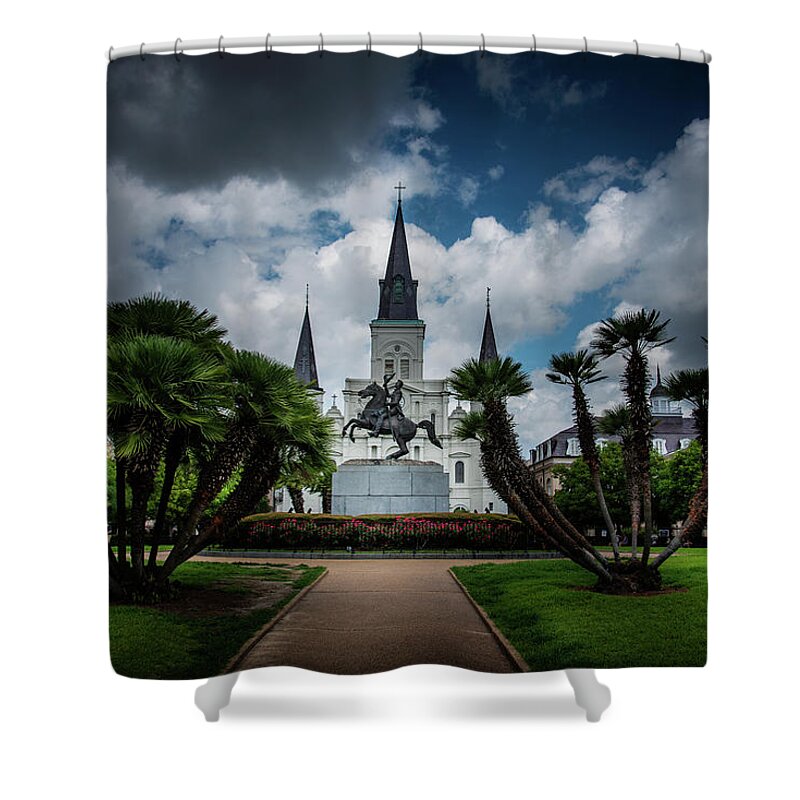 Andrew Jackson Shower Curtain featuring the photograph Jackson Square Sunrise by Greg and Chrystal Mimbs