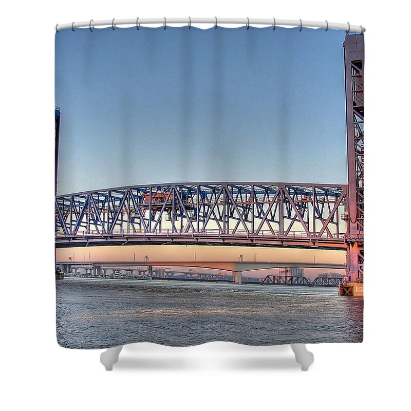 Bridge Shower Curtain featuring the photograph Jacksonville's Blue Bridge at Sunrise by Farol Tomson