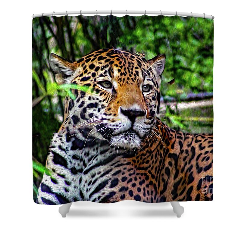 Jaguars Shower Curtain featuring the mixed media Jaguar at Peace by DB Hayes