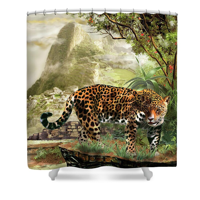 Gina Femrite Art Shower Curtain featuring the painting Jaguar in the shadow of Machu Picchu Peru by Regina Femrite