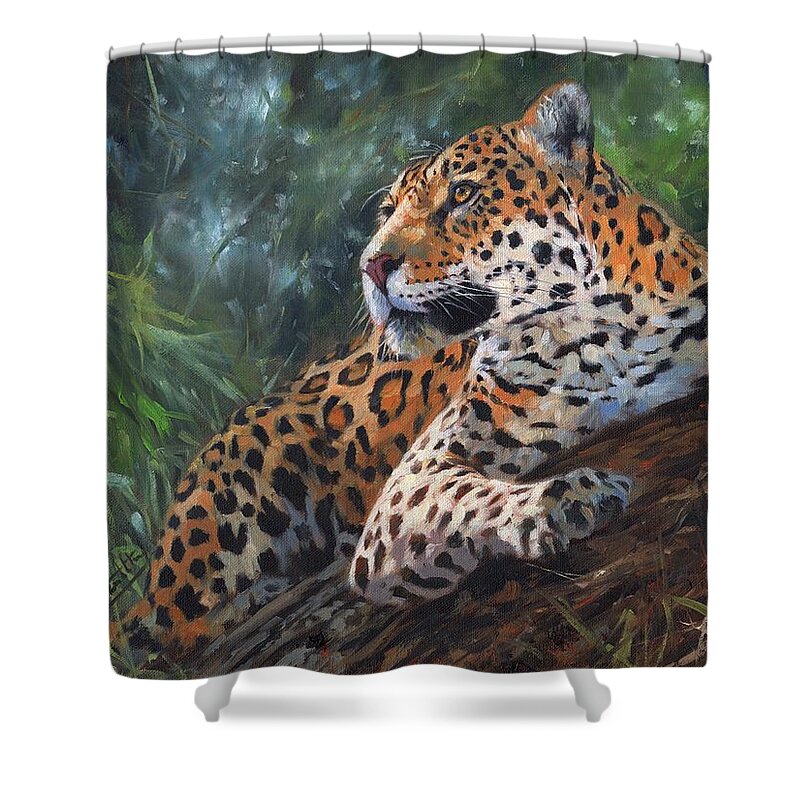 Jaguar Shower Curtain featuring the painting Jaguar In Tree by David Stribbling