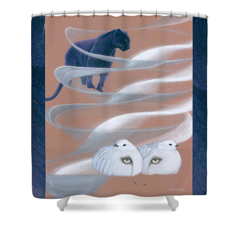Jaguar Shower Curtain featuring the drawing Jaguar with Ptarmigans with border by Robin Aisha Landsong