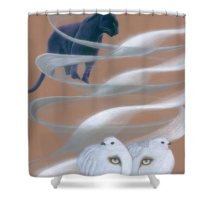Jaguar Shower Curtain featuring the drawing Jaguar with Ptarmigans by Robin Aisha Landsong