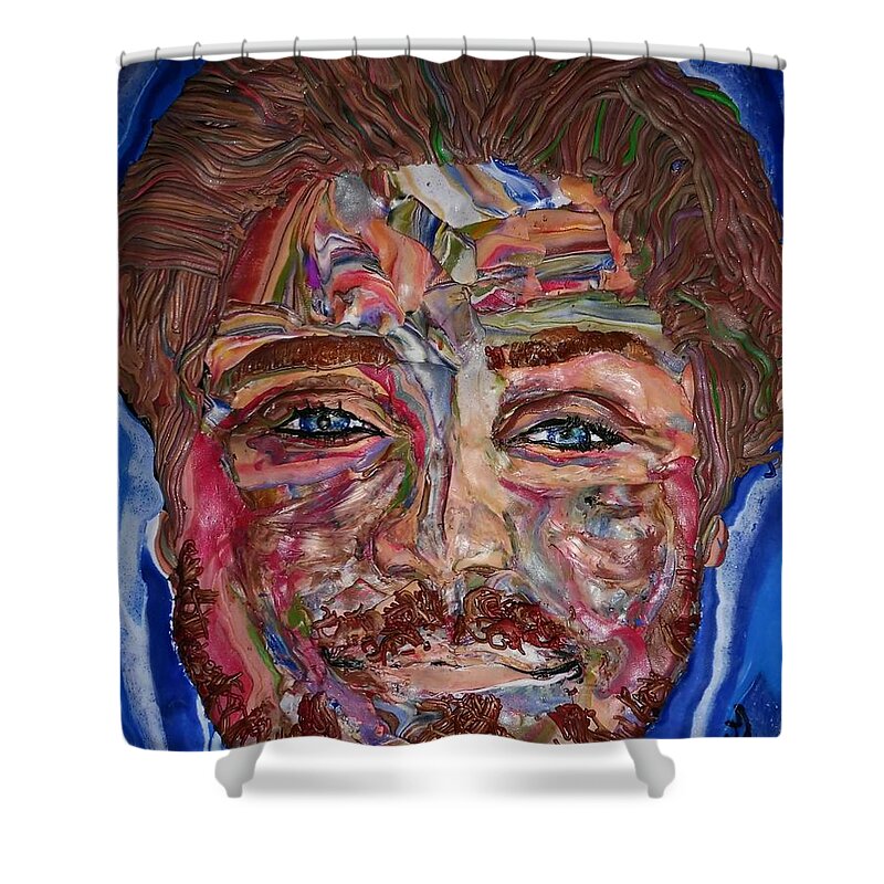 Portrait Shower Curtain featuring the mixed media Jakob by Deborah Stanley