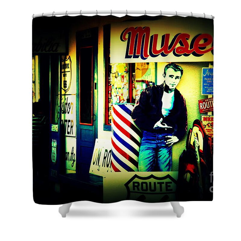 James Dean Shower Curtain featuring the photograph James Dean on Route 66 by Susanne Van Hulst