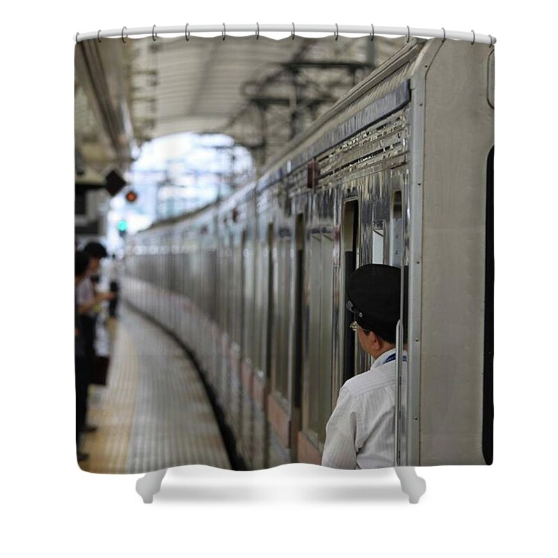 日暮里 Shower Curtain featuring the photograph #japan #tokyo #train #trainstation by Kujira Nijino