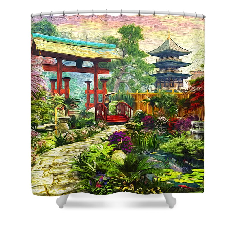 Japanese Style Shower Curtain featuring the digital art Japanese Garden Pagoda Sakura And Waterfall by Michael Novik