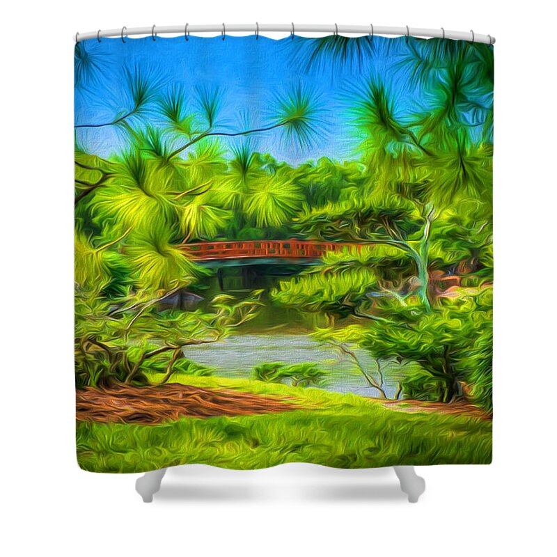 Reflections # Impressionist Art # Impressionistic # Tranquil Scene # Serenity Garden # Japanese Gardens # Water Reflections #lake # Rocks # Trees # Water # Bridge # Colorful Scene # Peaceful Park # Morikami #serenity Shower Curtain featuring the digital art Japanese gardens by Louis Ferreira