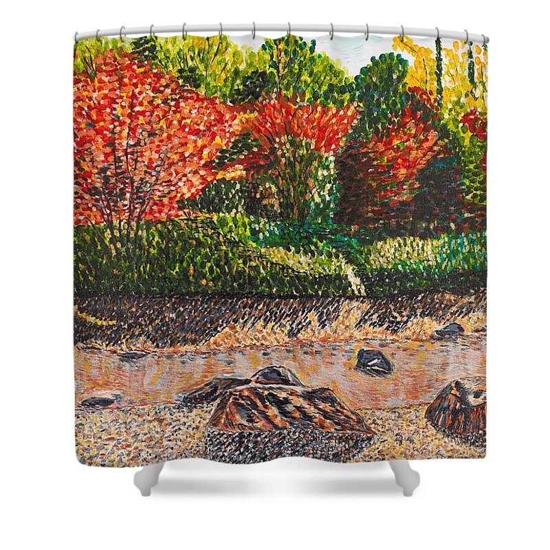 Landscape Shower Curtain featuring the painting Japanese Maple Trees at the Creek by Valerie Ornstein