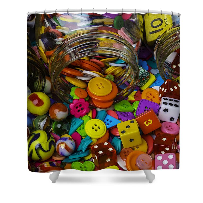 Three Shower Curtain featuring the photograph Jars Pouring Out Marbles Buttond Dice by Garry Gay