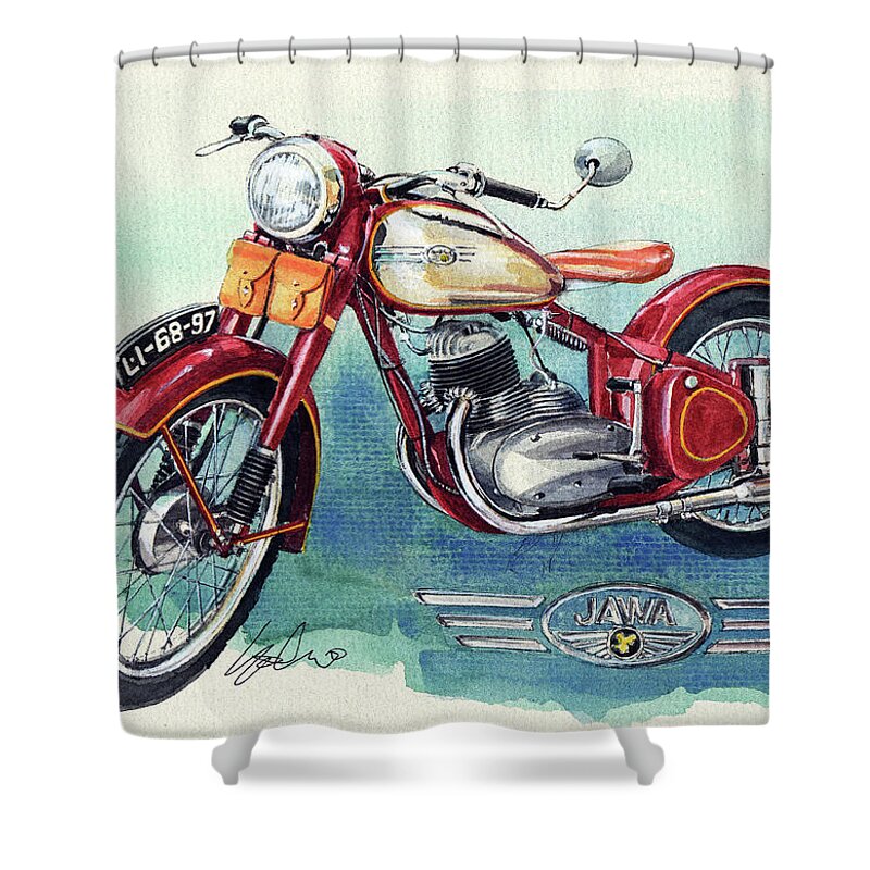 Jawa Vintage Motor Cycle Shower Curtain featuring the painting Jawa Motor Cycle by Yoshiharu Miyakawa