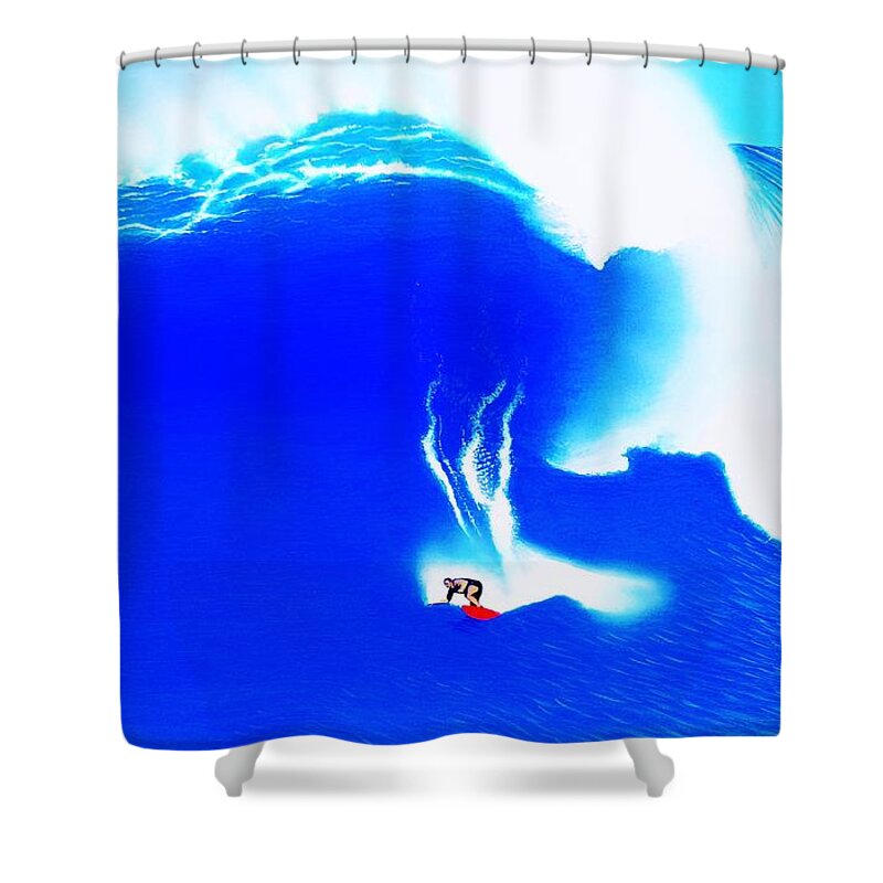 Surfing Shower Curtain featuring the painting Jaws 1998 by John Kaelin