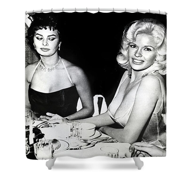 Jayne Mansfield Shower Curtain featuring the photograph Jayne Mansfield Hollywood actress Sophia Loren 1957 by Monterey County Historical Society