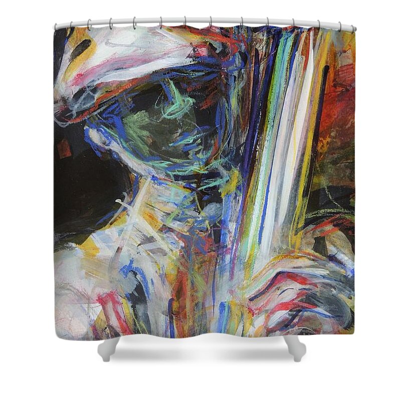 Schiros Shower Curtain featuring the painting Jazz Man by Mary Schiros