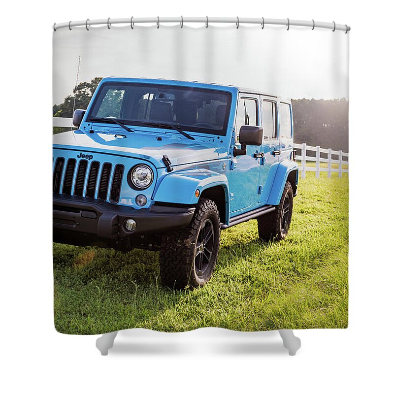 Blue Shower Curtain featuring the photograph Jeep in the Wild by Anthony Doudt