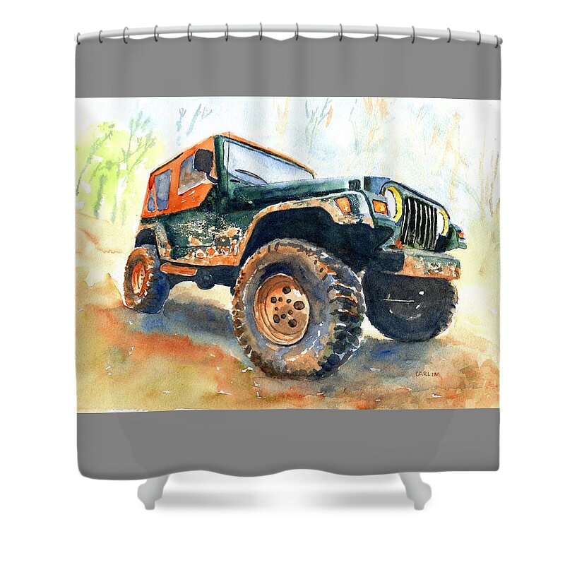 Jeep Shower Curtain featuring the painting Jeep Wrangler Watercolor by Carlin Blahnik CarlinArtWatercolor