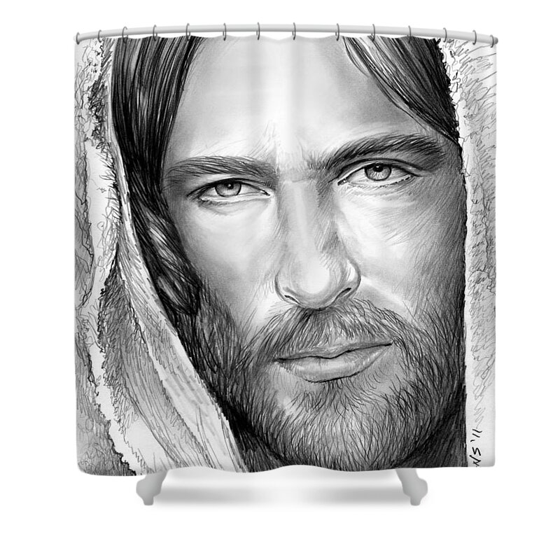 Jesus Shower Curtain featuring the drawing Jesus Face by Greg Joens