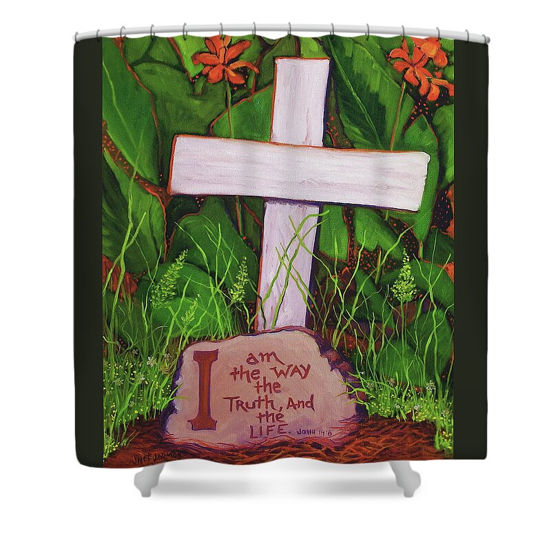 Christian Shower Curtain featuring the painting Garden Wisdom, The Way by Jeanette Jarmon