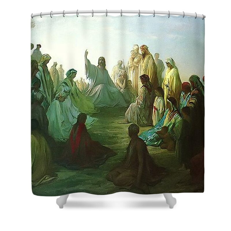 Jesus Preaching The Sermon On The Mount Gustave Dore Shower Curtain featuring the painting Jesus Preaching the Sermon by MotionAge Designs