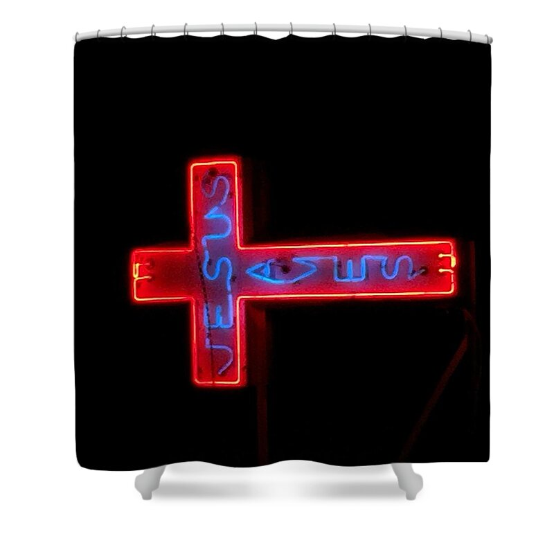Neon Shower Curtain featuring the photograph Jesus Saves at Night by Tom Wurl