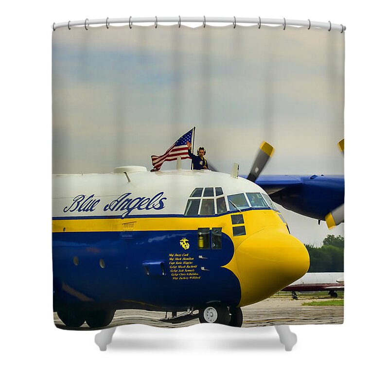 Fat Albert C-130 Shower Curtain featuring the photograph Jet Assisted C-130 by Pat Cook