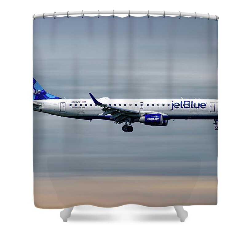 Jetblue Shower Curtain featuring the mixed media JetBlue Airways Embraer ERJ-190AR by Smart Aviation