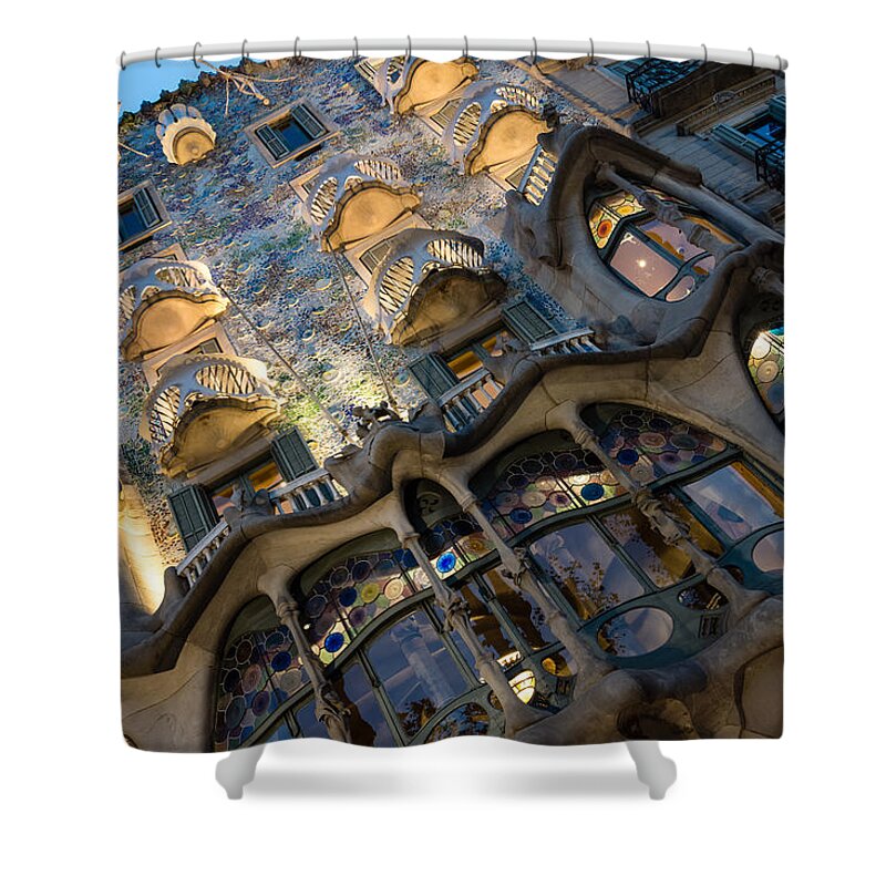 Antoni Gaudi Shower Curtain featuring the photograph Jewel Toned Masterpiece - Antoni Gaudi Casa Batllo in Barcelona, Spain by Georgia Mizuleva