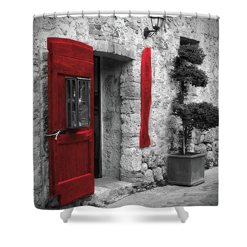 Romantic Street Shower Curtain featuring the photograph Jewelry Store with Red Door in Monteregionni, Tuscany, Italy by Lily Malor