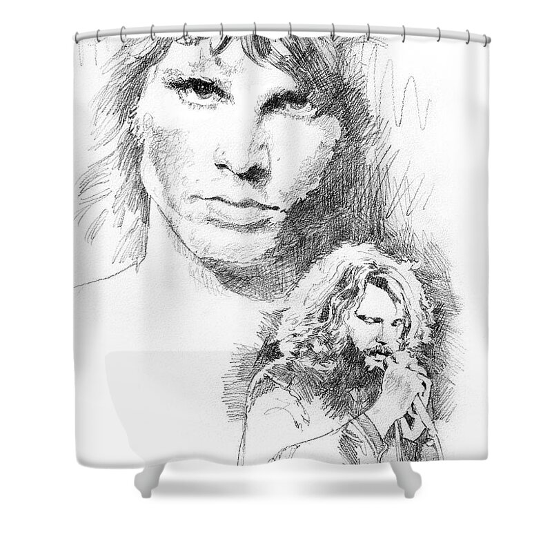 Pencil Shower Curtain featuring the drawing Jim Morrison Faces by David Lloyd Glover