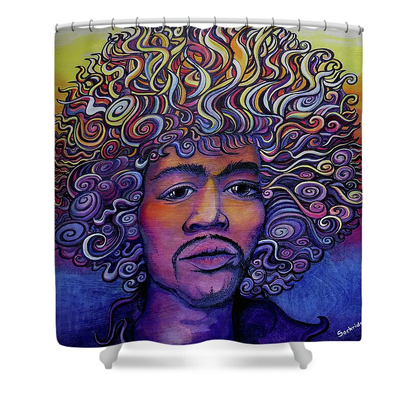 Jimi Shower Curtain featuring the painting JimiGroove by David Sockrider
