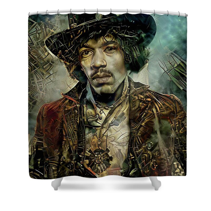 Jimi Hendrix Shower Curtain featuring the mixed media Jimi Hendrix Steampunk style by Lilia S