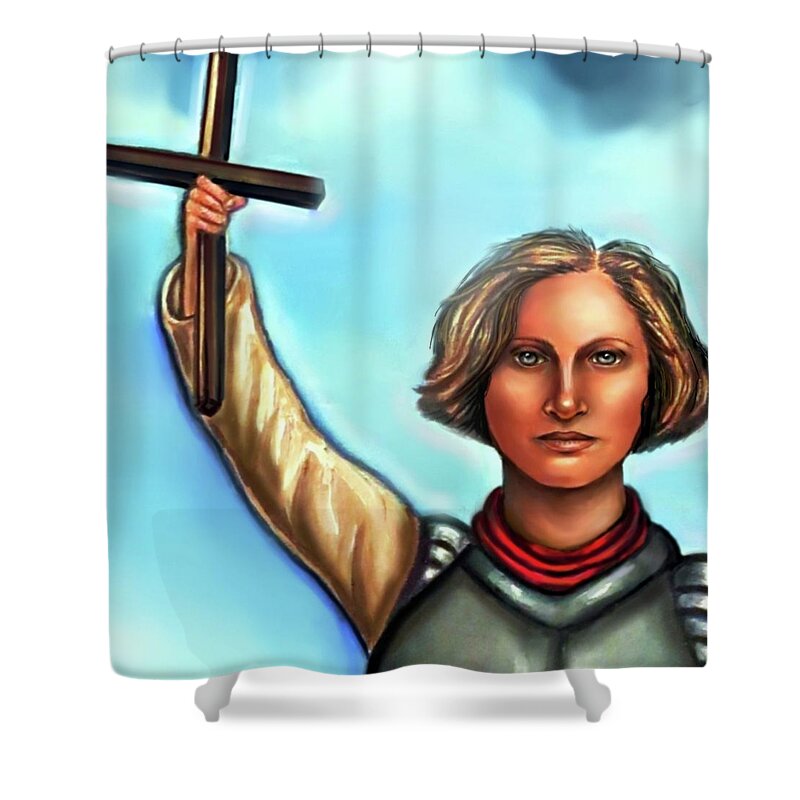 Joan Of Arc Shower Curtain featuring the painting Joan of arc with Cross by Carmen Cordova