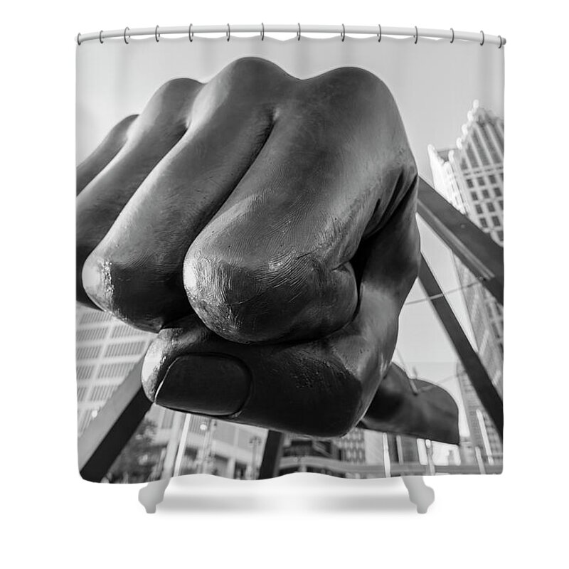 Detroit Shower Curtain featuring the photograph Joe Louis Fist Black and White Detroit by John McGraw