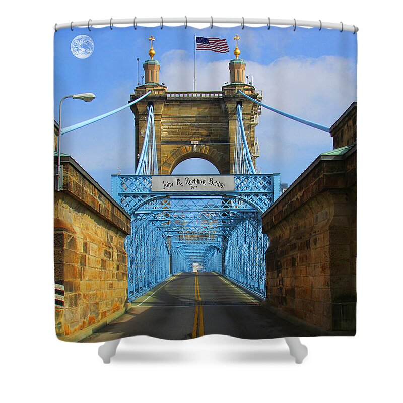 John A. Roebling Shower Curtain featuring the photograph John A. Roebling Suspension Bridge by Michael Rucker