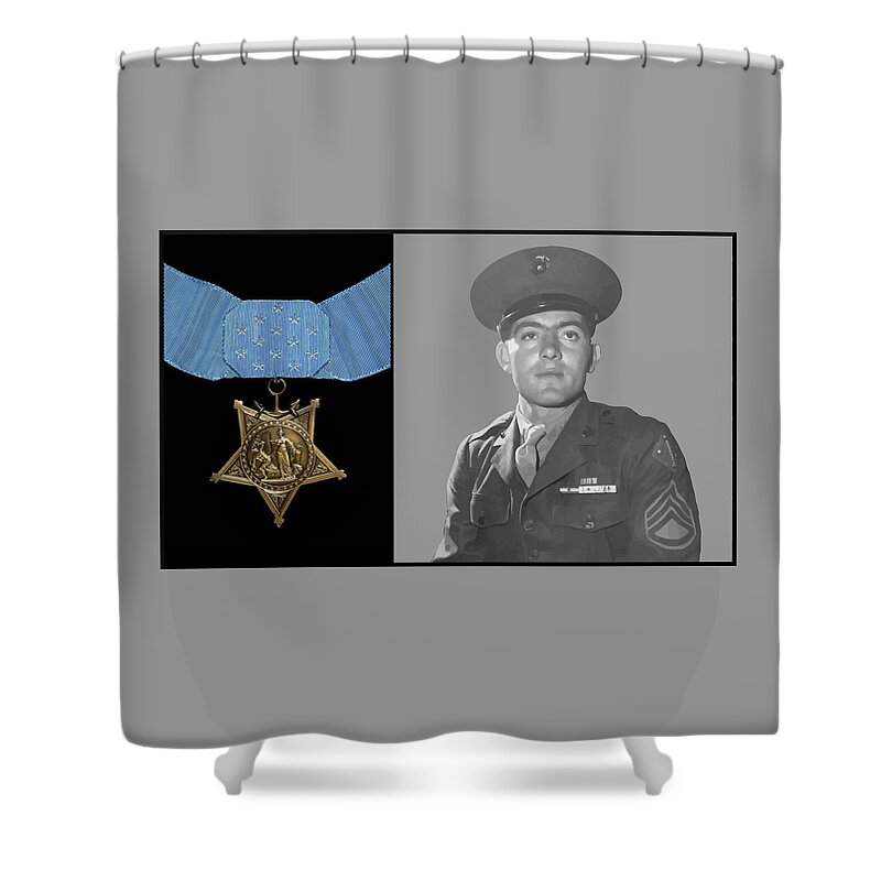 Medal Of Honor Shower Curtain featuring the painting John Basilone and The Medal of Honor by War Is Hell Store