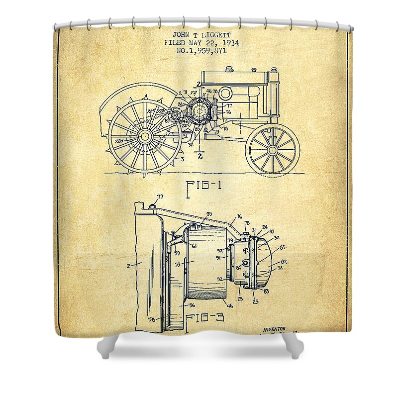 Tractor Shower Curtain featuring the digital art John Deere Tractor Patent drawing from 1934 - Vintage by Aged Pixel