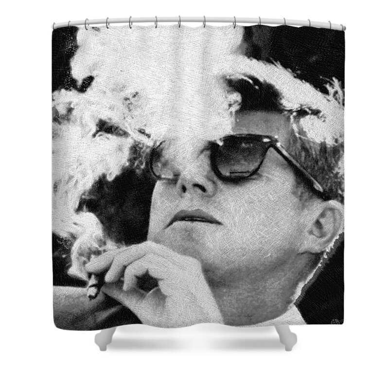 President Shower Curtain featuring the painting John F Kennedy Cigar and Sunglasses Black And White by Tony Rubino