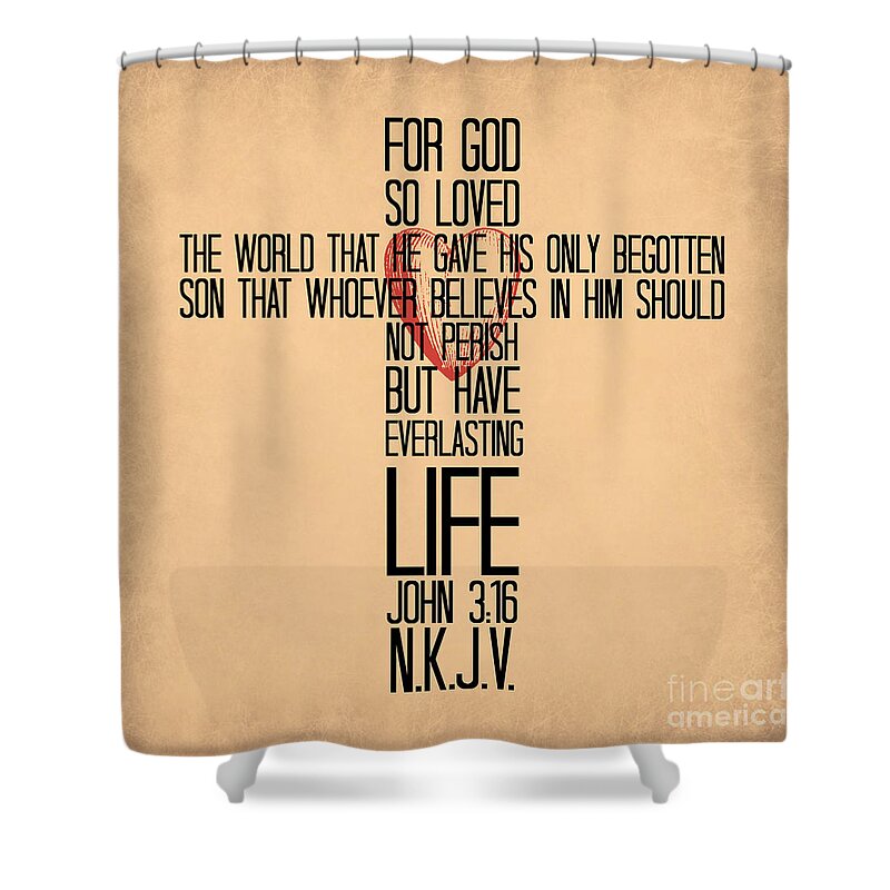 Typographic Art Shower Curtain featuring the mixed media John Three Sixteen The Cross by Eric Liller